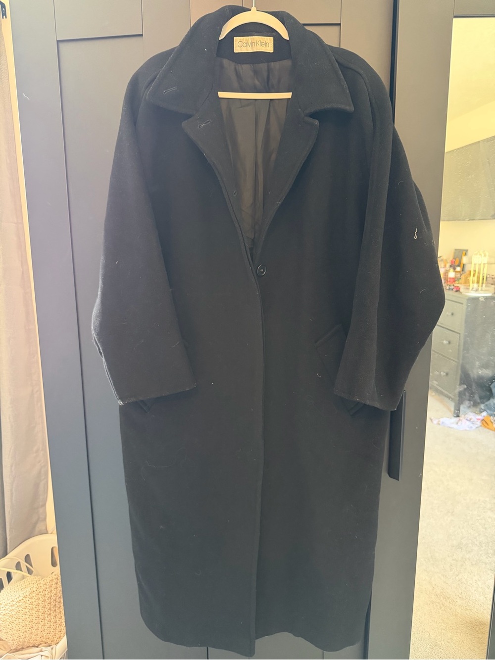 Calvin Klein Black Wool Overcoat with Notched Collar